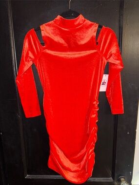 Juicy Couture “Sports Car Red” Velvet Cold-Shoulder Midi Dress